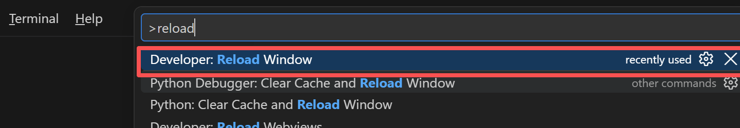VS Code 命令面板中选中 Developer: Reload Window