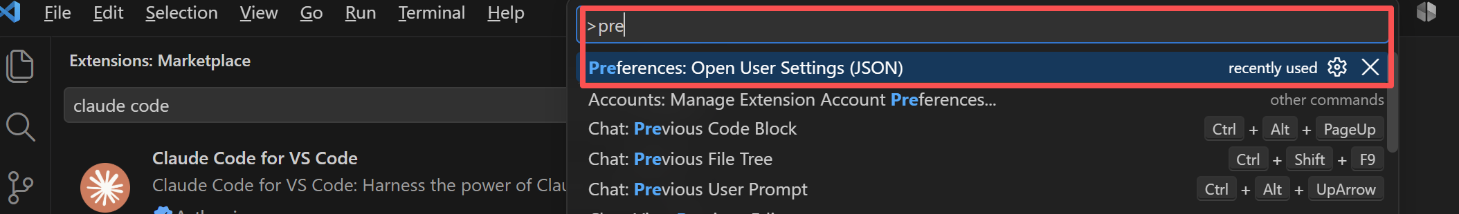 VS Code 命令面板中选中 Preferences: Open User Settings (JSON)